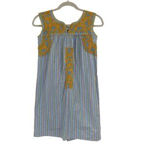 Emilia Handmade Collection Oaxaca Dress Blue & Orange Striped Embroidered XS